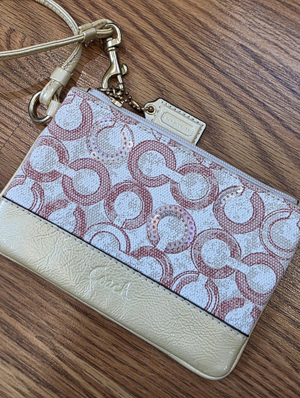 Coach Wristlet Wallet Beige / Pink Sequins Signature Logo *EUC*
